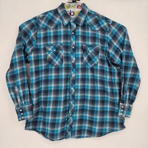 Vintage Wrangler Shirt Mens 2XT Western Blue Plaid Flannel Long‎ Sleeve